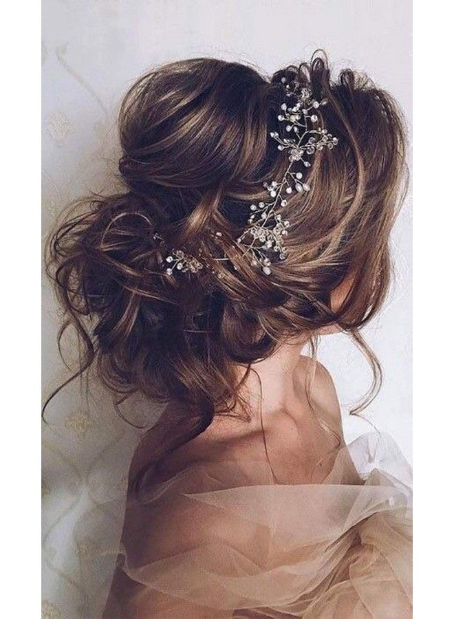 Deniferymakeup Bridal Rose Gold and Gold Silver Extra Long Pearl and Crystal Beads Bridal Hair Vine Wedding Head Piece Bridal Hair Accessories Headband Hair Jewelry Hair Accessories (Silver) - Image 3