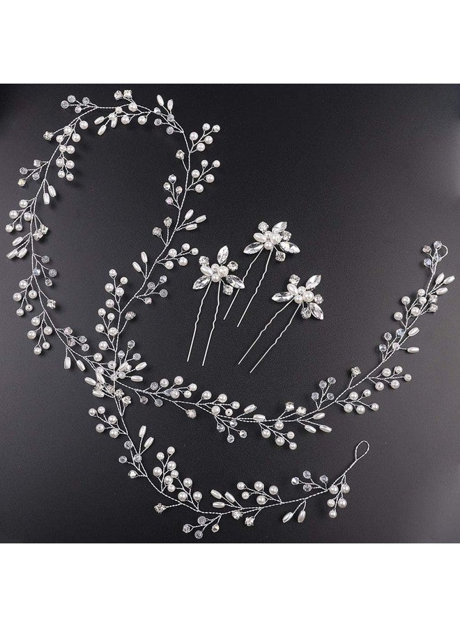 Deniferymakeup Bridal Rose Gold and Gold Silver Extra Long Pearl and Crystal Beads Bridal Hair Vine Wedding Head Piece Bridal Hair Accessories Headband Hair Jewelry Hair Accessories (Silver) - Image 5