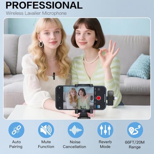 Haomuren Mic Wireless, 2-in-1 Wireless Microphone for iPhone & Android - Noise Cancelling Lavalier Mic with LED Indicator, YouTube/Streaming/TikTok Recording(Dual Channel) - Image 3