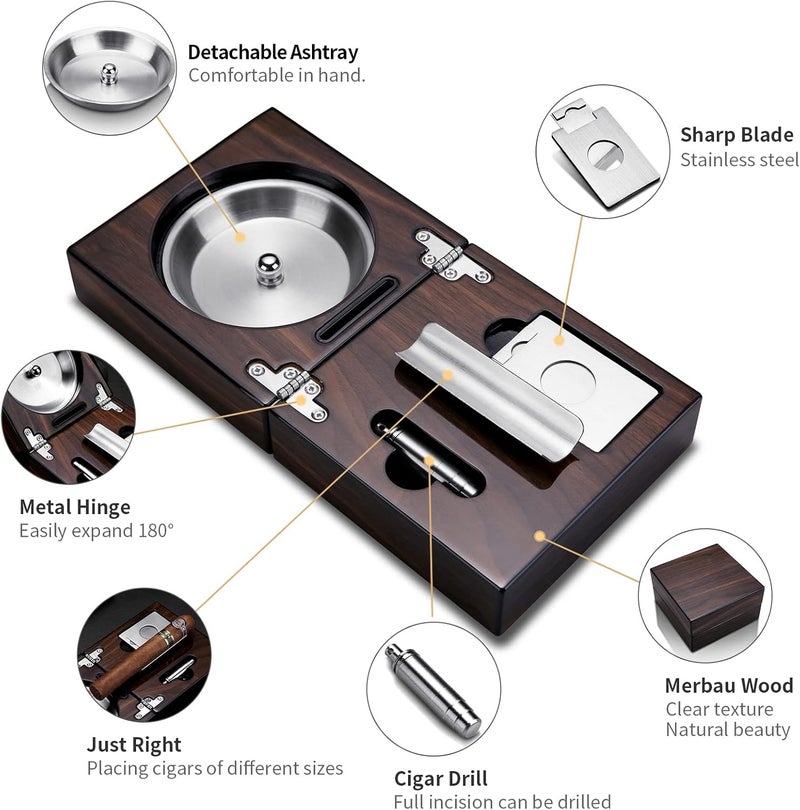 Foldable Wooden Cigar Ashtray with Holder , Cigar Punch , and Cigar Cutter - Image 2