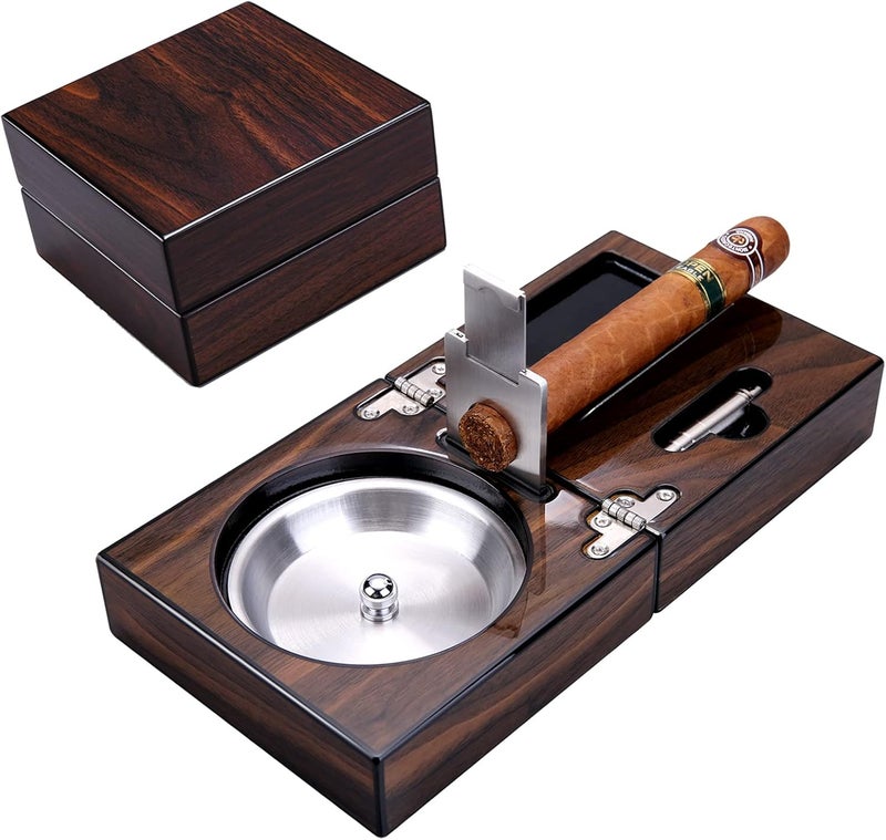 Foldable Wooden Cigar Ashtray with Holder , Cigar Punch , and Cigar Cutter - Image 1
