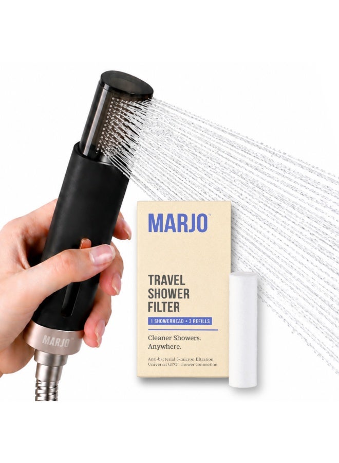 Marjo Travel Shower Filter – Chlorine & Rust Reduction | Compact 5 Micron PP Cotton Filtration | Lightweight  83g, Portable Design | Retractable Nozzle, Universal G1/2” Fit for Hotel & Home - Image 1