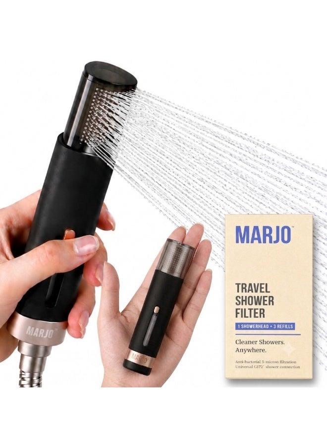 Marjo Travel Shower Filter – Chlorine & Rust Reduction | Compact 5 Micron PP Cotton Filtration | Lightweight 83g, Portable Design | Retractable Nozzle, Universal G1/2” Fit for Hotel & Home