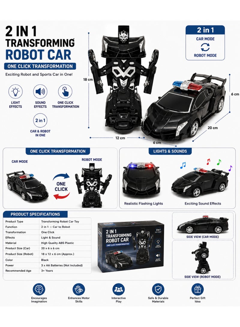 vGRASSP 2-in-1 Transforming Robot Car Toy, One-Touch Sports Car to Robot Transformation with Light and Sound Effects, Interactive Entertainment Vehicle, 20 x 6 x 6 cm, Black - Image 2
