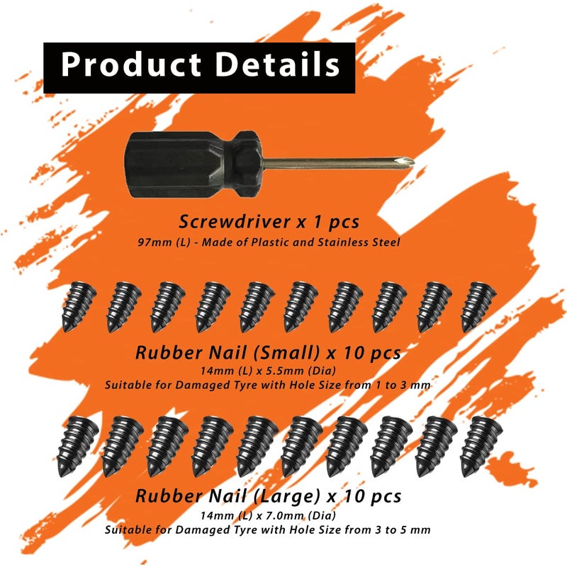 GradCap 20pcs Tyre Repair Kit, Tire Rubber Nails Tool, Self-Service Car Wheel Puncture Screws with Screwdriver Set for Auto, Motorcycle, Bike, Truck, Tractor, Jeep, ATV (10S & 10L) (GCTRK10S10L) - Image 3