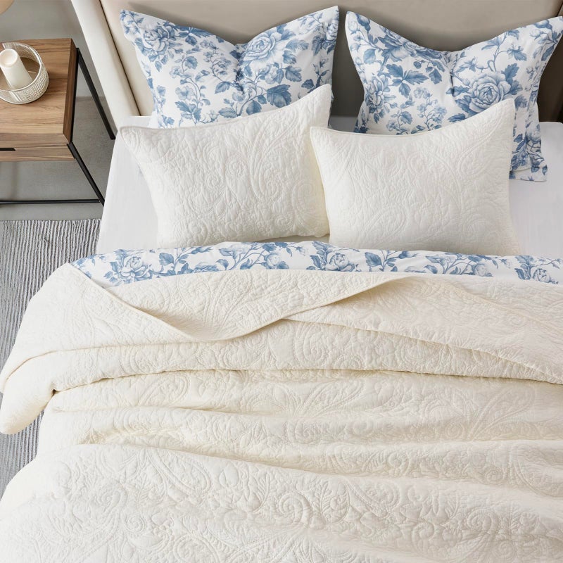 EVERGRACEHOME EVERGRACE 100% Cotton Paisley Quilt Set, King Size 3 Piece Set â€“ Prewashed Lightweight Bedspread with 2 Shams, Soft & Breathable Matelasse Coverlet for All-Season Comfort, Ivory Cream - Image 2