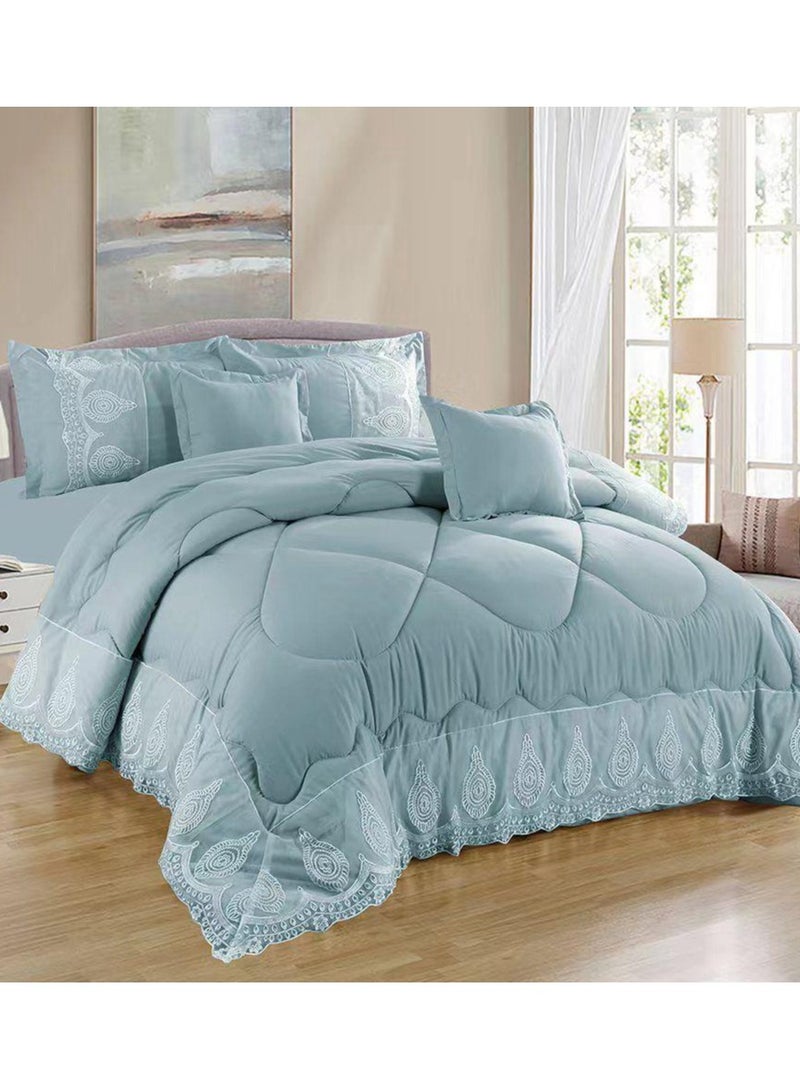 COMFY 6 PC EMBROIDERY LACE COTTON SOFT KINGSIZE COMFORTER SET LIGHT GREEN