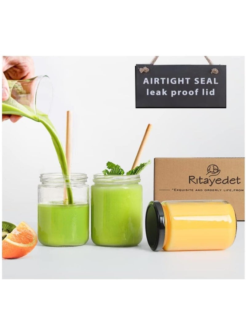 فوفو 12 قطعة من الجرار الزجاجية ذات الفم الواسع 16 أونصة مع أغطية سوداء للمربى والجيلي والسالسا والتوابل السائبة والشموع - Image 4