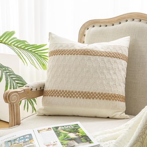Mayler Yee Throw Pillow Covers 18 x 18 Inch 1PC for Farmhouse Living Room, Cotton & Burlap Textured Striped Woven Boho Pillow Covers (Beige & Brown, Double Striped) - Image 1