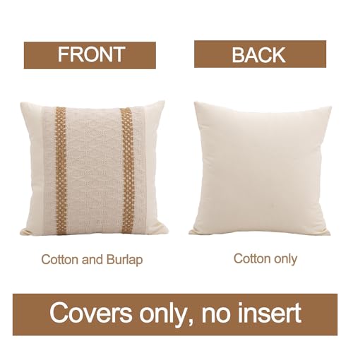 Mayler Yee Throw Pillow Covers 18 x 18 Inch 1PC for Farmhouse Living Room, Cotton & Burlap Textured Striped Woven Boho Pillow Covers (Beige & Brown, Double Striped) - Image 2