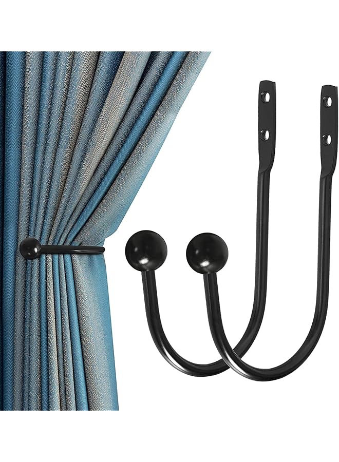 The Bros Heavy Duty Metal Curtain Holdbacks, 2pcs Wall Mounted Drapery Tiebacks with Screws, Decorative Window Curtain Hooks for Home, Black Finish  - Image 1