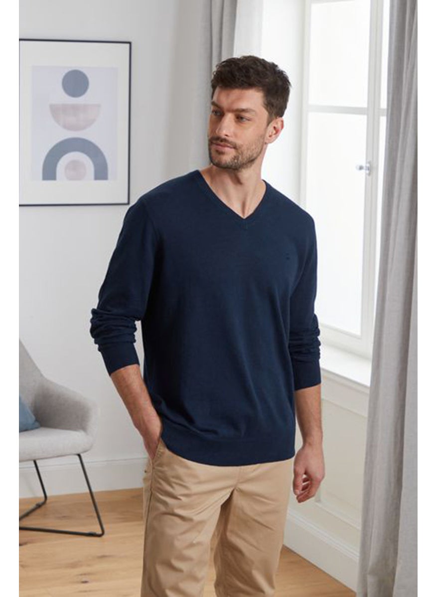 Tchibo Men V-Neck Plain Long Sleeves Sweatshirt, Navy Blue  - Image 1
