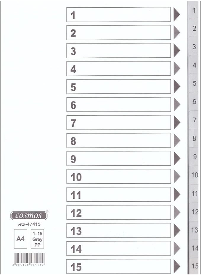 COSMOS - COSMOS PVC INDEX DIVIDERS 1-15 GRAY COLOUR TABS WITH NUMBER. 1X10PCS - Image 1