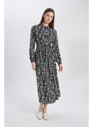Woman Tiered Tipped Neck Long Sleeve Woven Dress