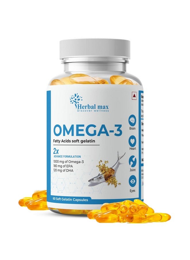 Herbal Max Omega 3 Fish Oil Capsules 1000mg (60 Capsules) | 180mg EPA & 120mg DHA for Heart, Brain & Joint Health | Supports Cardiovascular Function & Overall Wellness | - Image 1