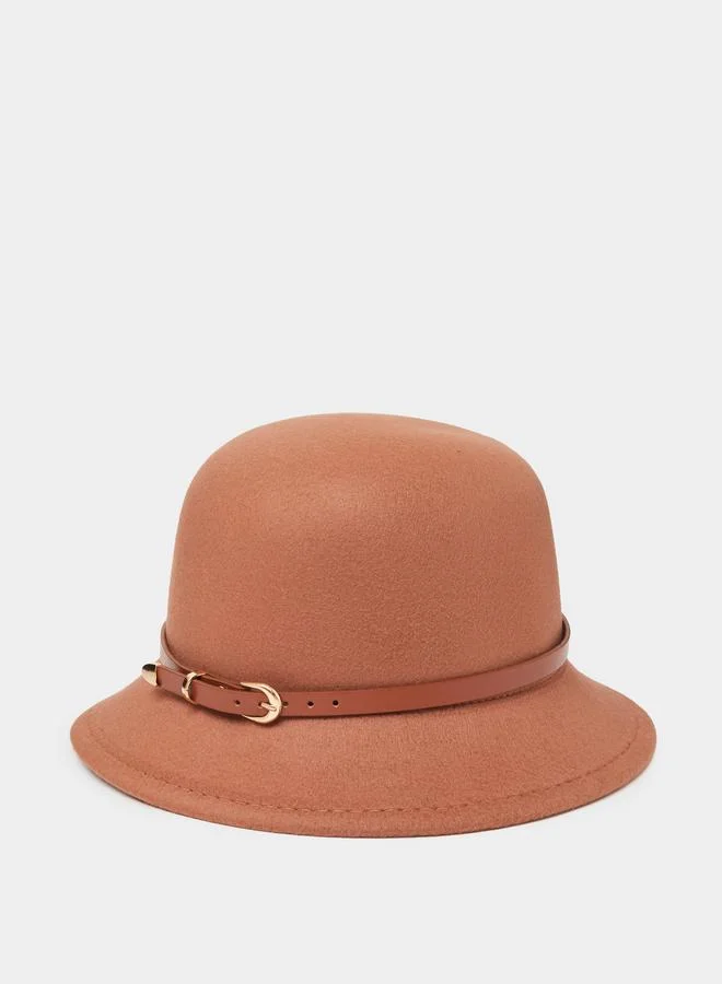 ستايلي Brown Boater Hat with Faux Leather Belt Detail