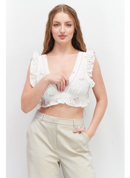 Women V-Neck Sleeveless Embroidered Top,  White Combo