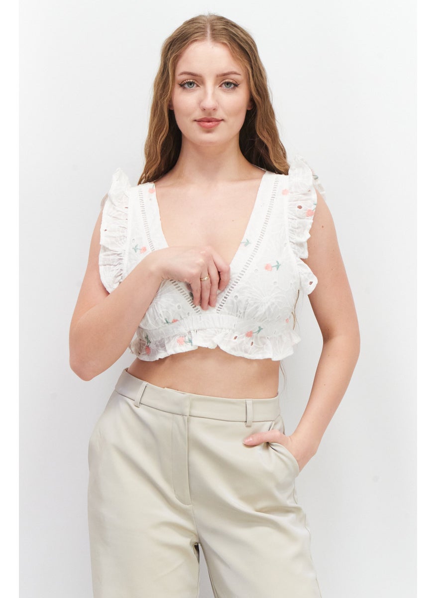LOST INK - Women V-Neck Sleeveless Embroidered Top,  White Combo - Image 1