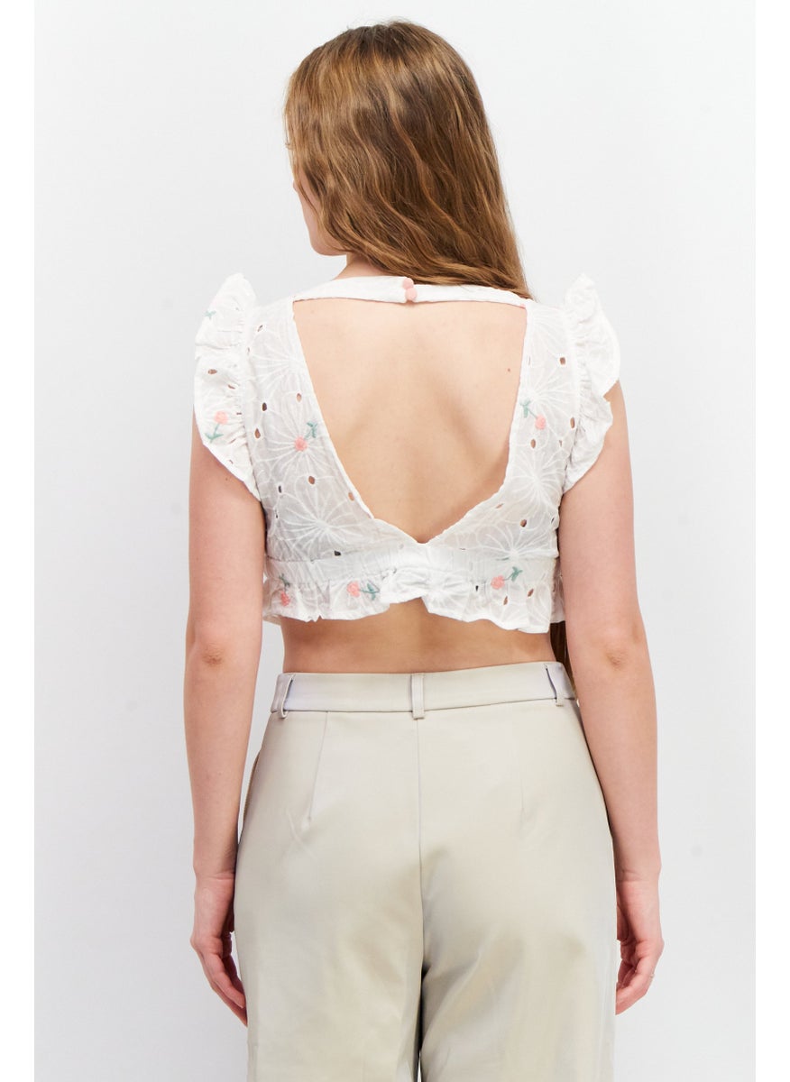 LOST INK - Women V-Neck Sleeveless Embroidered Top,  White Combo - Image 1