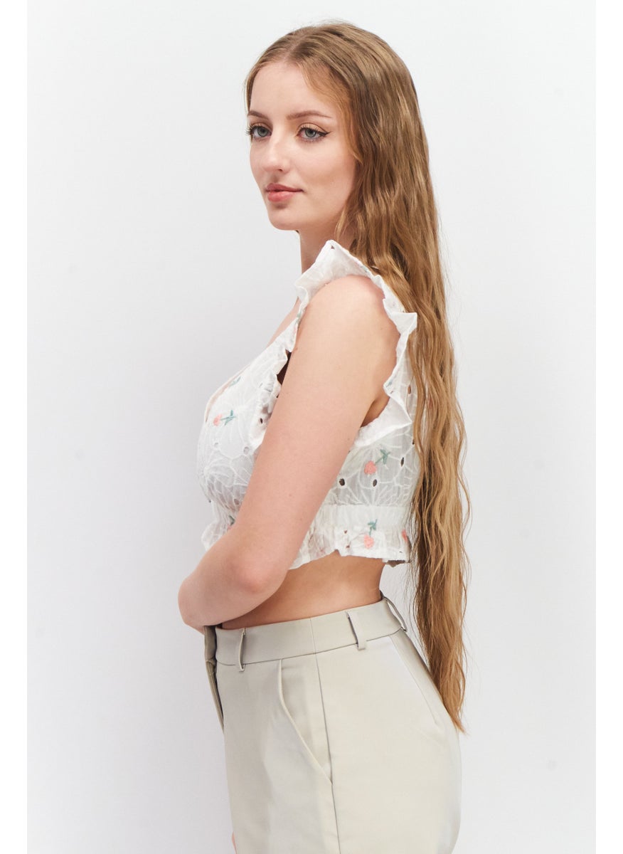 LOST INK - Women V-Neck Sleeveless Embroidered Top,  White Combo - Image 1