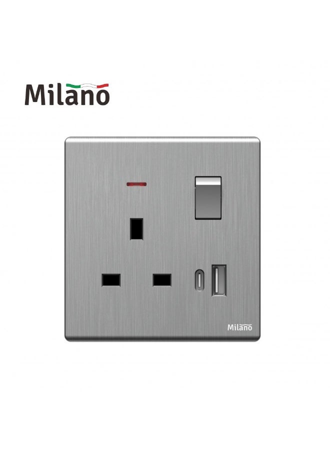DANUBE HOME Milano Aura 13A Socket With Neon & Usb Type A+C - Brushed Silver Finish Durable Fire Retardant Pc Material/Silver Point Red Copper Electrical Switch Home Electronic Accessories - 8.6X9X4Cm 