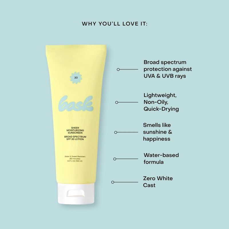 Bask Suncare SPF 30 Sheer Moisturizing Sunscreen Lotion - Broad Spectrum UVA/UVB Protection, Dermatologist Recommended, Hydrating, Lightweight & Non-Greasy, No White Cast, Travel Size, 3.4 fl oz - Image 3