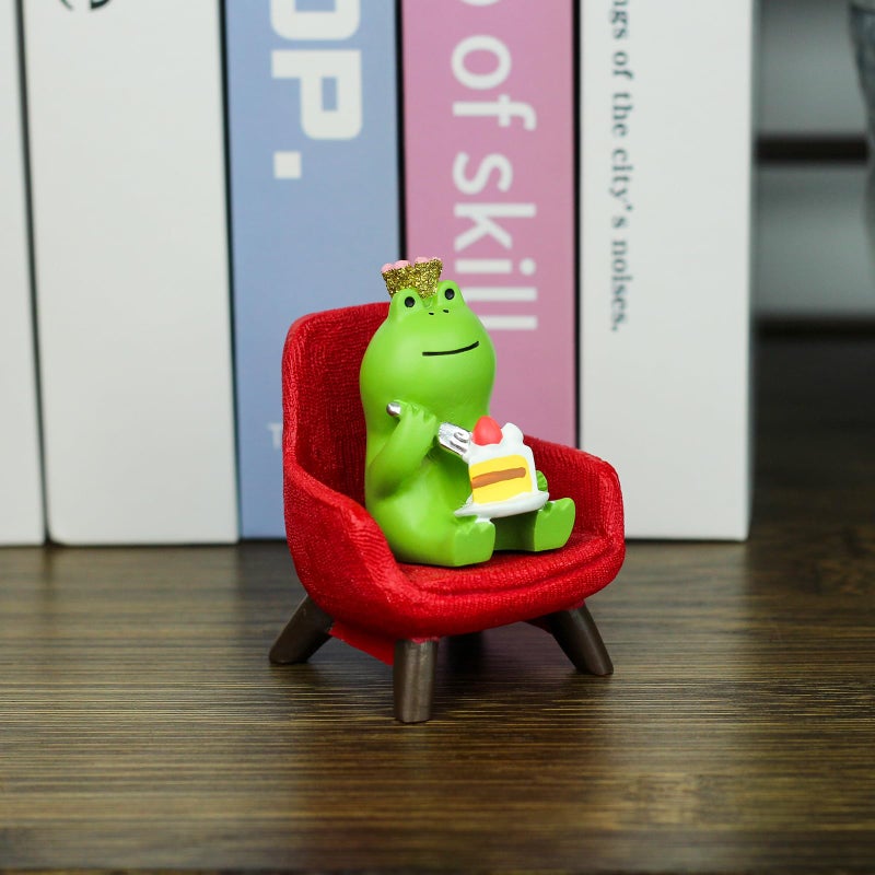 Refintural Miniature Frog Eating Cake Figurine - Funny Frog Sculpture for Shelf, Desk Decoration - Perfect Cute Frog Gift for Frog Lovers(Red Sofa) - Image 5