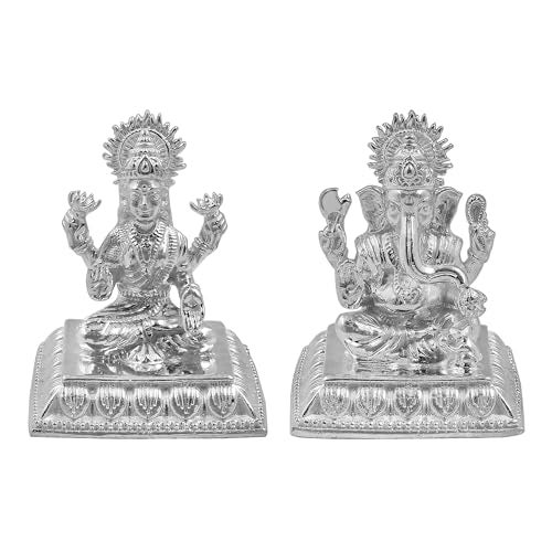 MAA SILVER Pure Silver Goddess Lakshmi/Laxmiji & Lord Ganesh/Ganpatiji Solid Idol/Murti with Square Designer Base/Paat Perfect for Gifting & Pooja/Puja Use (925 Purity)(155 Grams) - Image 1
