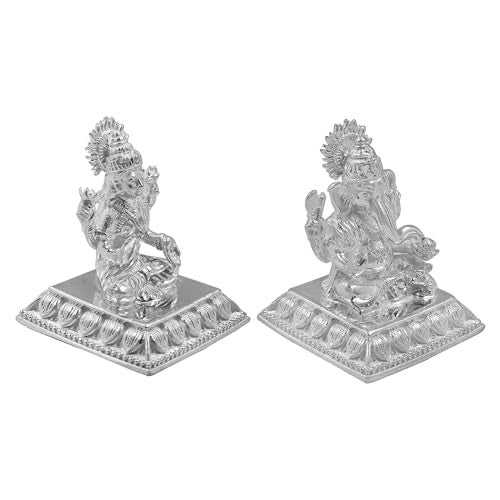 MAA SILVER Pure Silver Goddess Lakshmi/Laxmiji & Lord Ganesh/Ganpatiji Solid Idol/Murti with Square Designer Base/Paat Perfect for Gifting & Pooja/Puja Use (925 Purity)(155 Grams) - Image 2