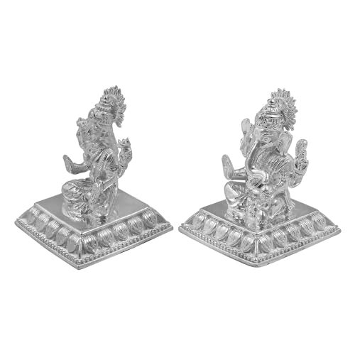 MAA SILVER Pure Silver Goddess Lakshmi/Laxmiji & Lord Ganesh/Ganpatiji Solid Idol/Murti with Square Designer Base/Paat Perfect for Gifting & Pooja/Puja Use (925 Purity)(155 Grams) - Image 4
