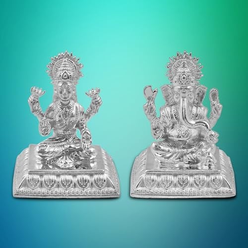 MAA SILVER Pure Silver Goddess Lakshmi/Laxmiji & Lord Ganesh/Ganpatiji Solid Idol/Murti with Square Designer Base/Paat Perfect for Gifting & Pooja/Puja Use (925 Purity)(155 Grams) - Image 5
