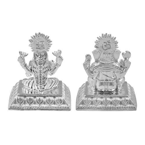 MAA SILVER Pure Silver Goddess Lakshmi/Laxmiji & Lord Ganesh/Ganpatiji Solid Idol/Murti with Square Designer Base/Paat Perfect for Gifting & Pooja/Puja Use (925 Purity)(155 Grams) - Image 3