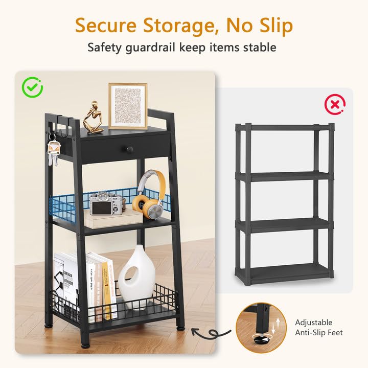 Gewudraw 3-Tier Ladder Shelf with Drawer, Bathroom Table Stand for Small Space, Standing Bathroom Shelves with Storage for Living Room Kitchen Bedroom, Organizer Shelf, Black - Image 2