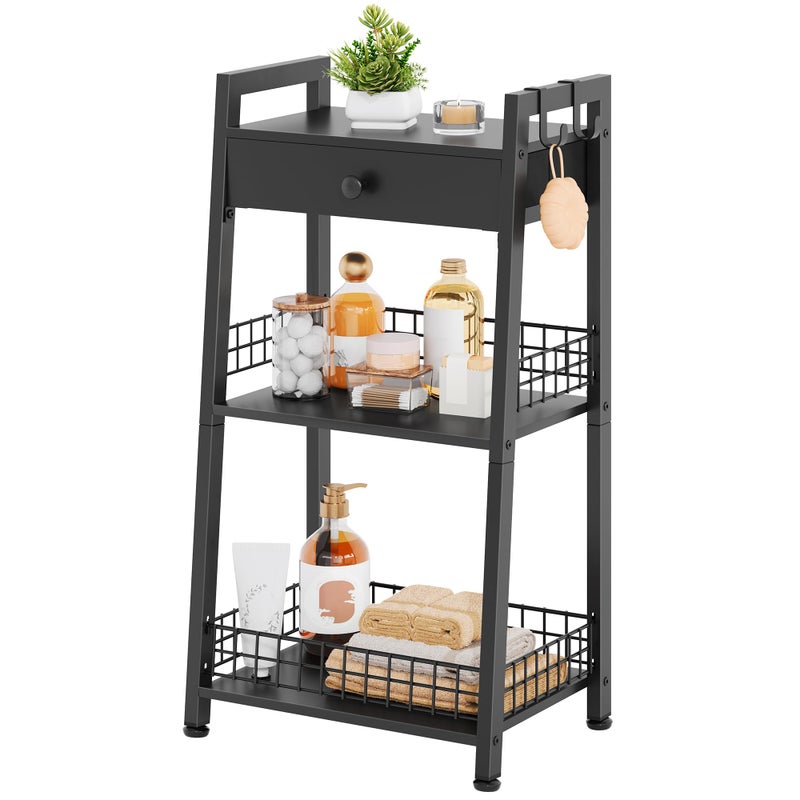 Gewudraw 3-Tier Ladder Shelf with Drawer, Bathroom Table Stand for Small Space, Standing Bathroom Shelves with Storage for Living Room Kitchen Bedroom, Organizer Shelf, Black - Image 1