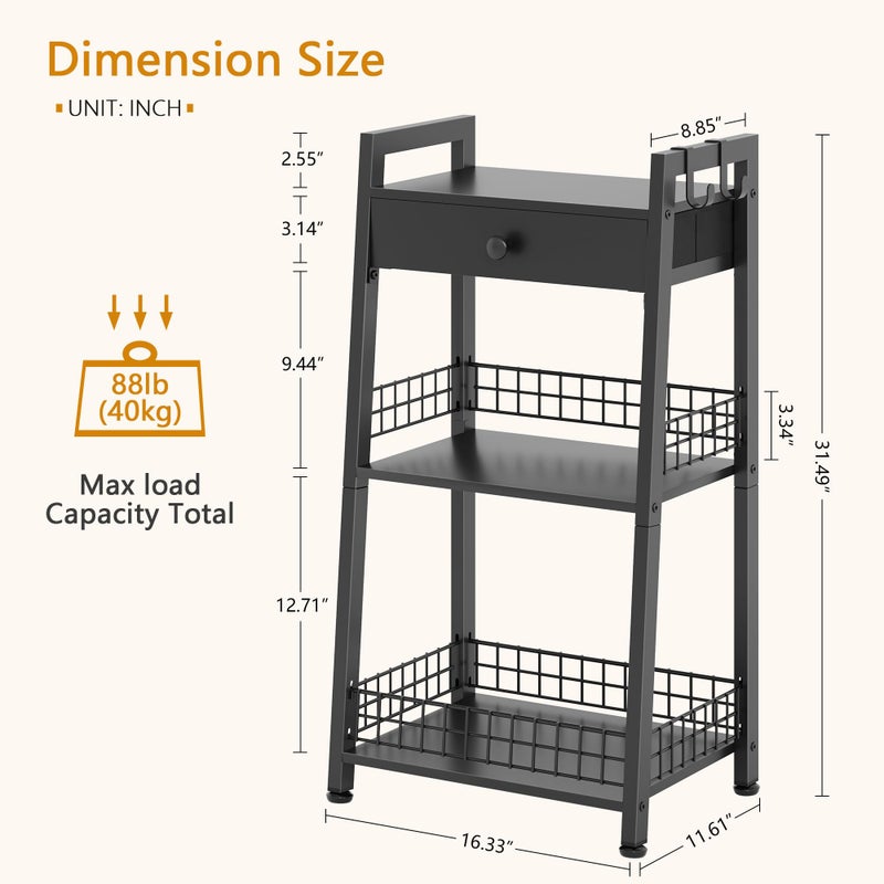 Gewudraw 3-Tier Ladder Shelf with Drawer, Bathroom Table Stand for Small Space, Standing Bathroom Shelves with Storage for Living Room Kitchen Bedroom, Organizer Shelf, Black - Image 4