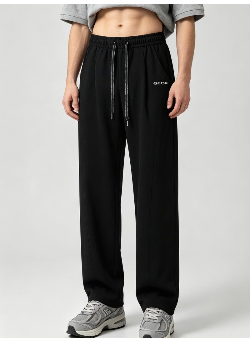 GEOX Unisex Loose Wide Leg Casual Sweatpants, Elastic Waist Drawstring Trousers, Black - Image 4