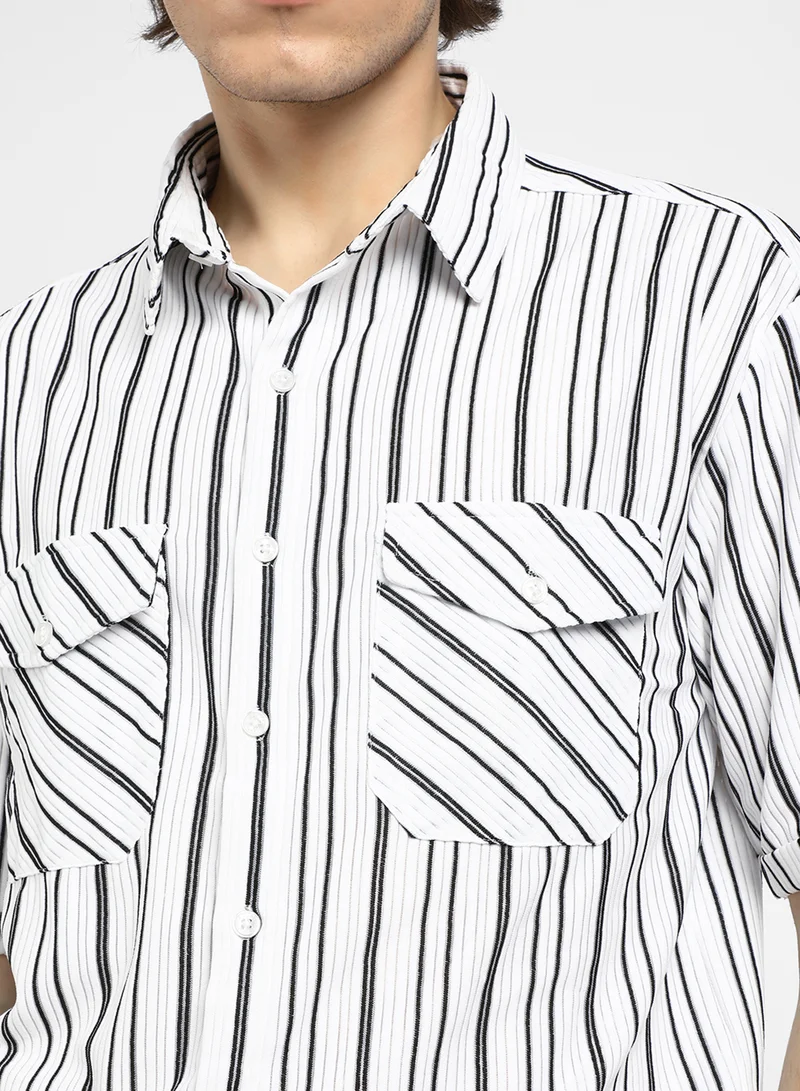 كامبوس سوترا Men's Daisy White Halo-Striped Utility Shacket
