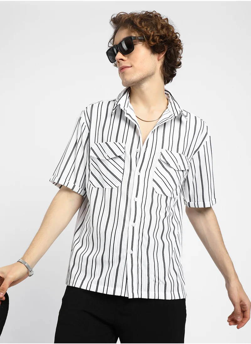 كامبوس سوترا Men's Daisy White Halo-Striped Utility Shacket