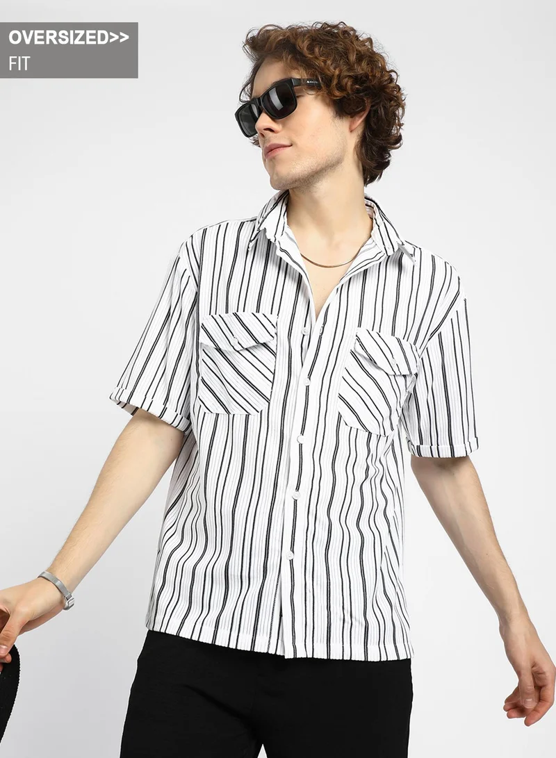 Campus Sutra Men's Daisy White Halo-Striped Utility Shacket