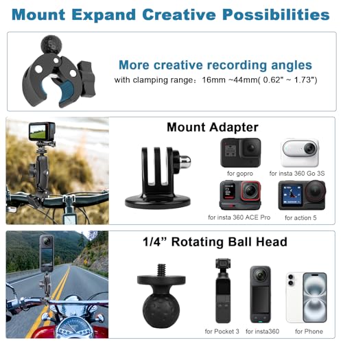 ChromLives Motorcycle Mount Kit Compatible with Insta 360 X4 X5, Bike Handlebar Clamp Mounts for Gopro, 59" Invisible Selfie Stick with Double Clamp for Action Camera,Motorcycle Bicycle Riding Records - Image 4