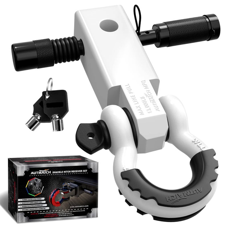 AUTMATCH Shackle Hitch Receiver 2 Inch 34 D Ring Shackle and 58 Trailer Hitch Lock Pin 45000 Lbs Break Strength Heavy Duty Receiver Towing Kit for OffRoad Vehicle Recovery White