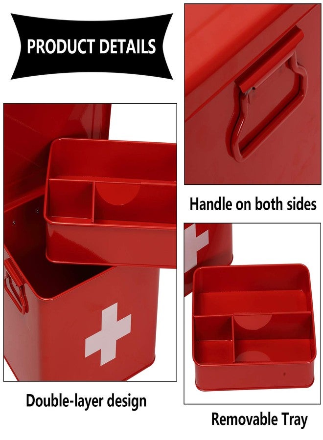 Xbopetda First Aid Kit, First Aid Medicine Supplies Bin - 2-Tier Metal Medicine Storage Tin, First Aid Box with Removable Tray for Home Emergency Tool Set-Red - Image 2