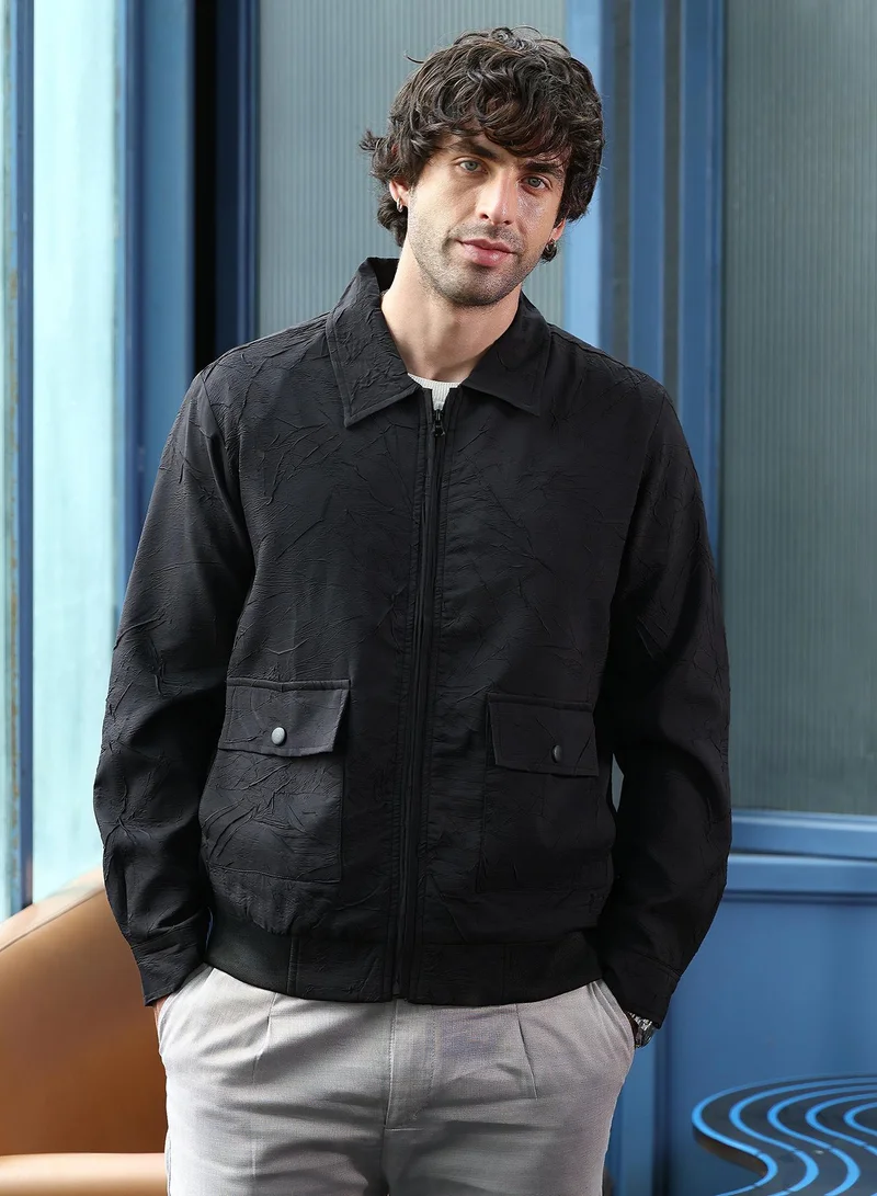 Campus Sutra Men Zip-Front Foliage-Tactile Bomber Jacket | Point Collar, Long Button-Cuff Sleeves | Zipper , Ribbed-Straight Hem | Solid Textured | Woven Fabric For Casual & Daily Wear | Onyx Black