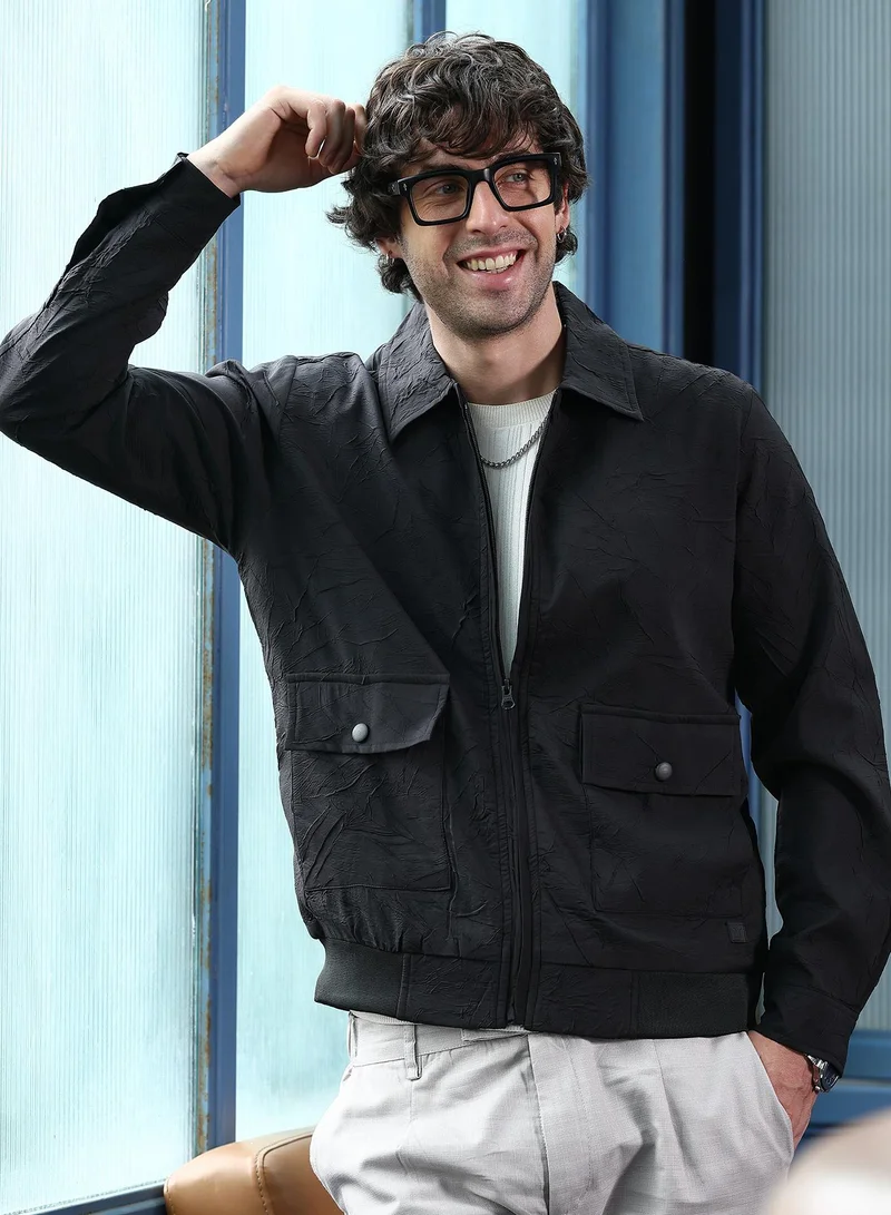 Campus Sutra Men Zip-Front Foliage-Tactile Bomber Jacket | Point Collar, Long Button-Cuff Sleeves | Zipper , Ribbed-Straight Hem | Solid Textured | Woven Fabric For Casual & Daily Wear | Onyx Black