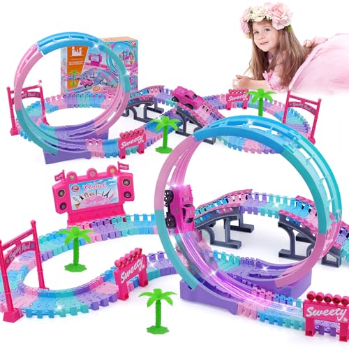 ARRAROWN Track Set Magic Toy Car for Kids 144Pcs Flexible Race Car Tracks with 360 Loop Slope Ramp Glow in The Dark Car Construction Tracks Toy SetBest Birthday Gift for 3 4 5 6 7 8 Years Girls Boys - Image 1