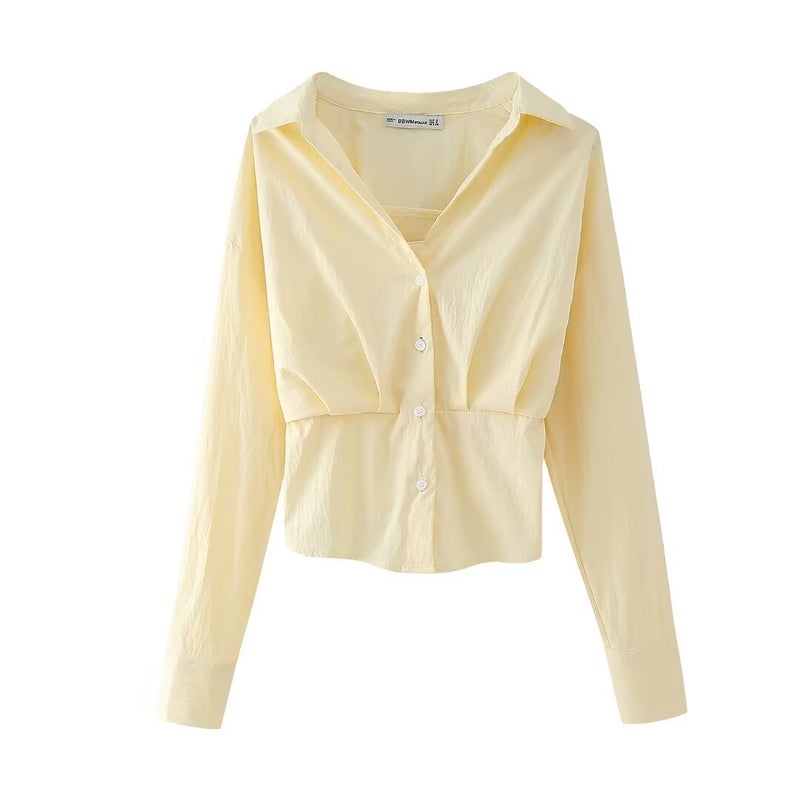 Cross-border new 2024 new European and American style womens foreign trade wholesale ZRA7 in stock poplin corset shirt light yellow - Image 1