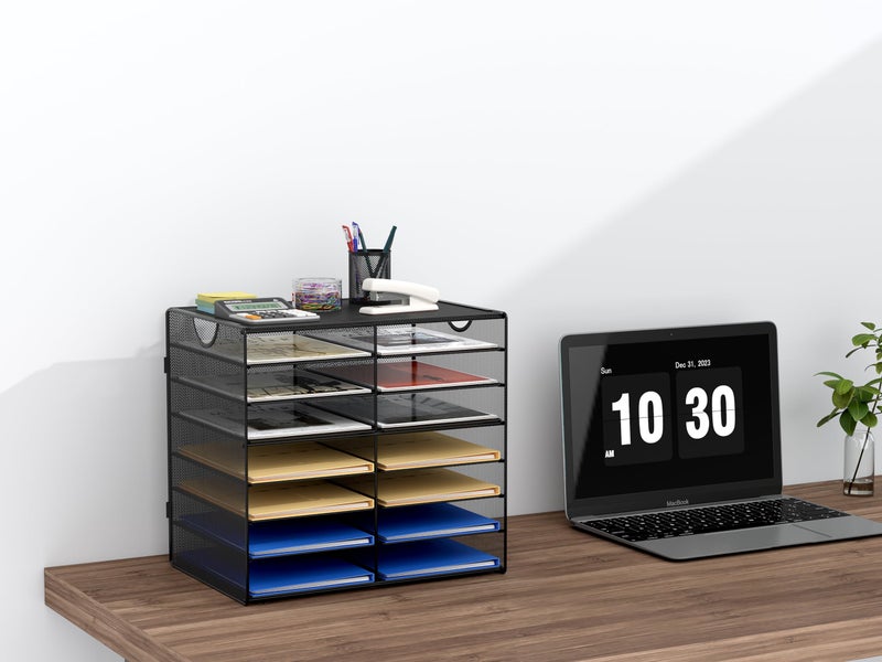 EasyPAG Paper Trays for Classroom 14 Tier Mesh Desk Organizer Shelves with Handle A4/Letter Size File Folder Organizer Shelf for Office, School, Home, Black - Image 3