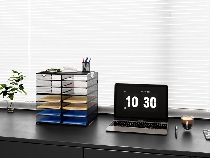 EasyPAG Paper Trays for Classroom 14 Tier Mesh Desk Organizer Shelves with Handle A4/Letter Size File Folder Organizer Shelf for Office, School, Home, Black - Image 4