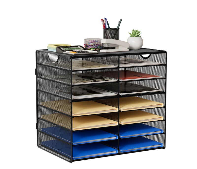 EasyPAG Paper Trays for Classroom 14 Tier Mesh Desk Organizer Shelves with Handle A4/Letter Size File Folder Organizer Shelf for Office, School, Home, Black - Image 1