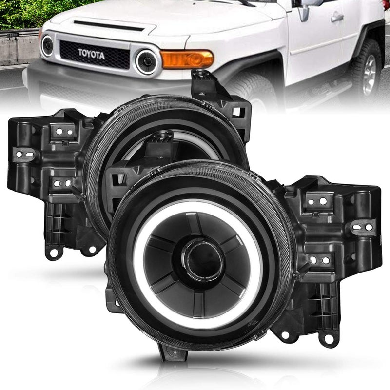 AmeriLite Black Projector Replacement Headlights LED Halo Set for Toyota FJ Cruiser - Driver and Passenger Side